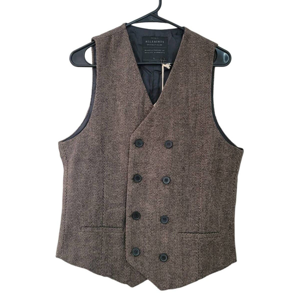 Allsaints Spitalfields Waistcoat Suit Vest Brown Twill Double-Breasted Size L